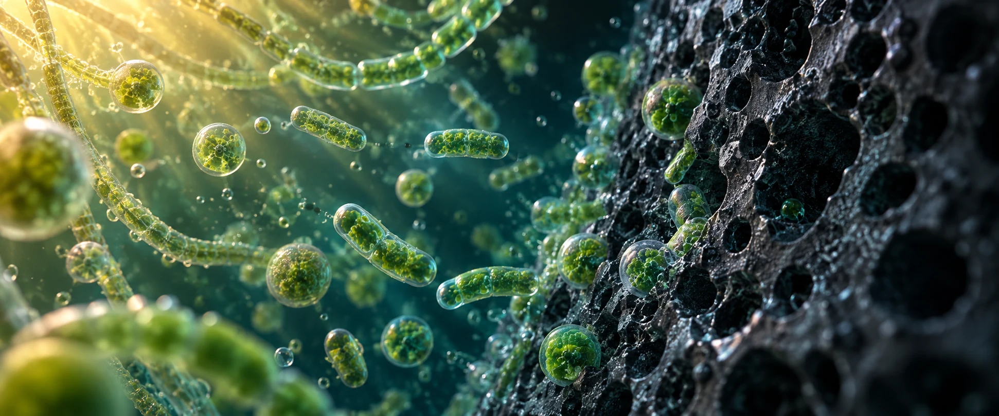 Concept art of photosynthetic cells adjacent to a porous electrode