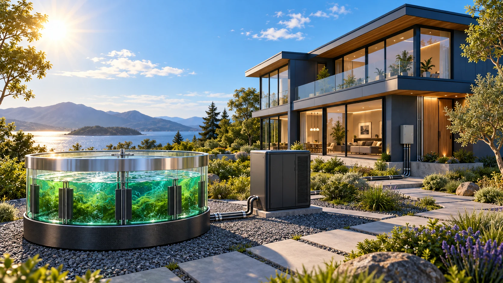 Future system concept: sunlight reaches an eight-foot Helios tank, connected through separate storage to a house